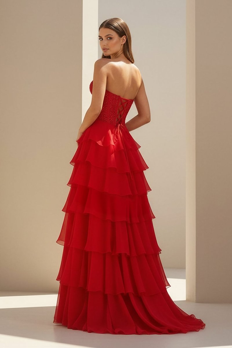 Luxie | Red - Strapless Chiffon Ruffled A Line Formal Prom Dresses With Lace Appliques - KissProm