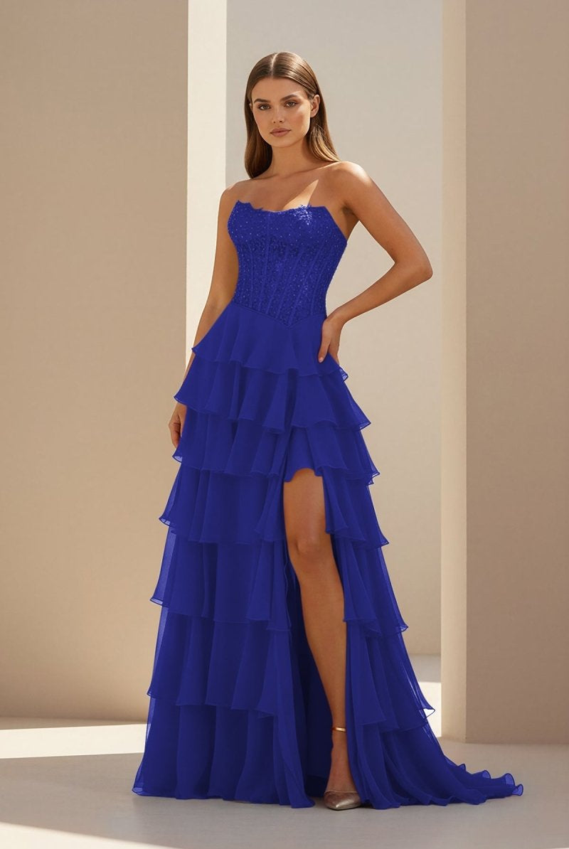 Luxie | Royal Blue - Strapless Chiffon Ruffled A Line Formal Prom Dresses With Lace Appliques-KissProm