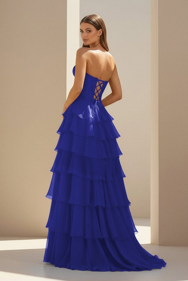 Luxie | Royal Blue - Strapless Chiffon Ruffled A Line Formal Prom Dresses With Lace Appliques-KissProm