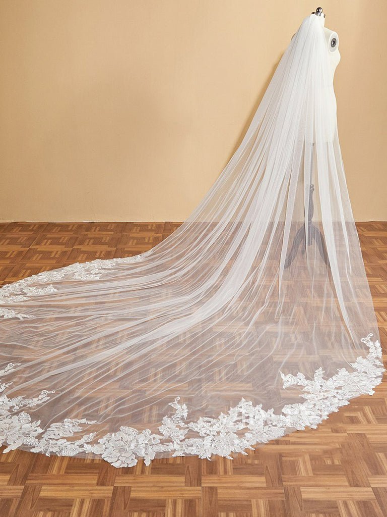 Luxury Floral Lace Cathedral Train Veil Bridal Veil Wedding Veil - KissProm