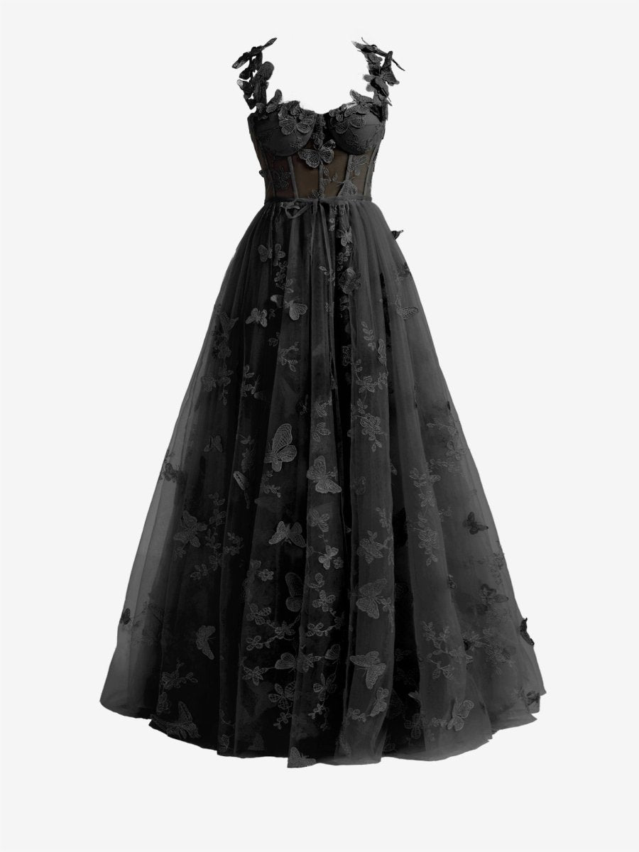 black embroidered prom dress Gorgeous V Neck Beaded Black Lace Long Prom Dress, Black Lace Formal E –  abcprom main image 0