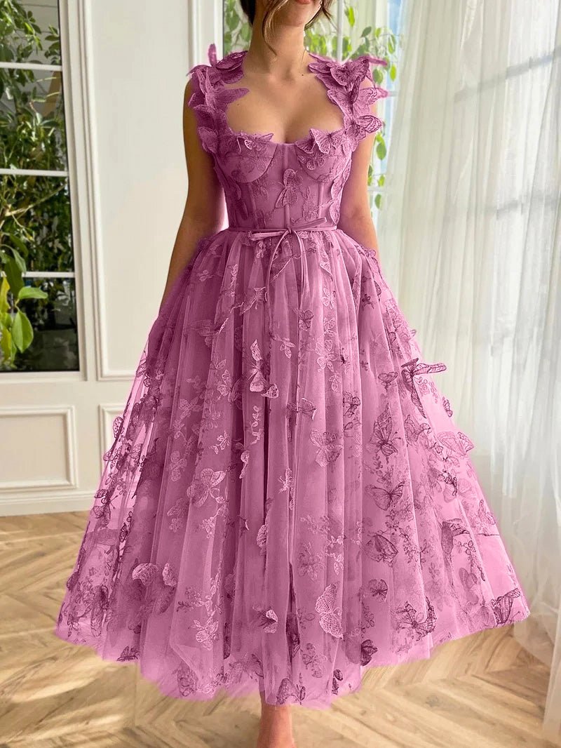 Lydia | Candy Pink A-line Butterfly Lace Lilac Corset Prom Dress with Slit
