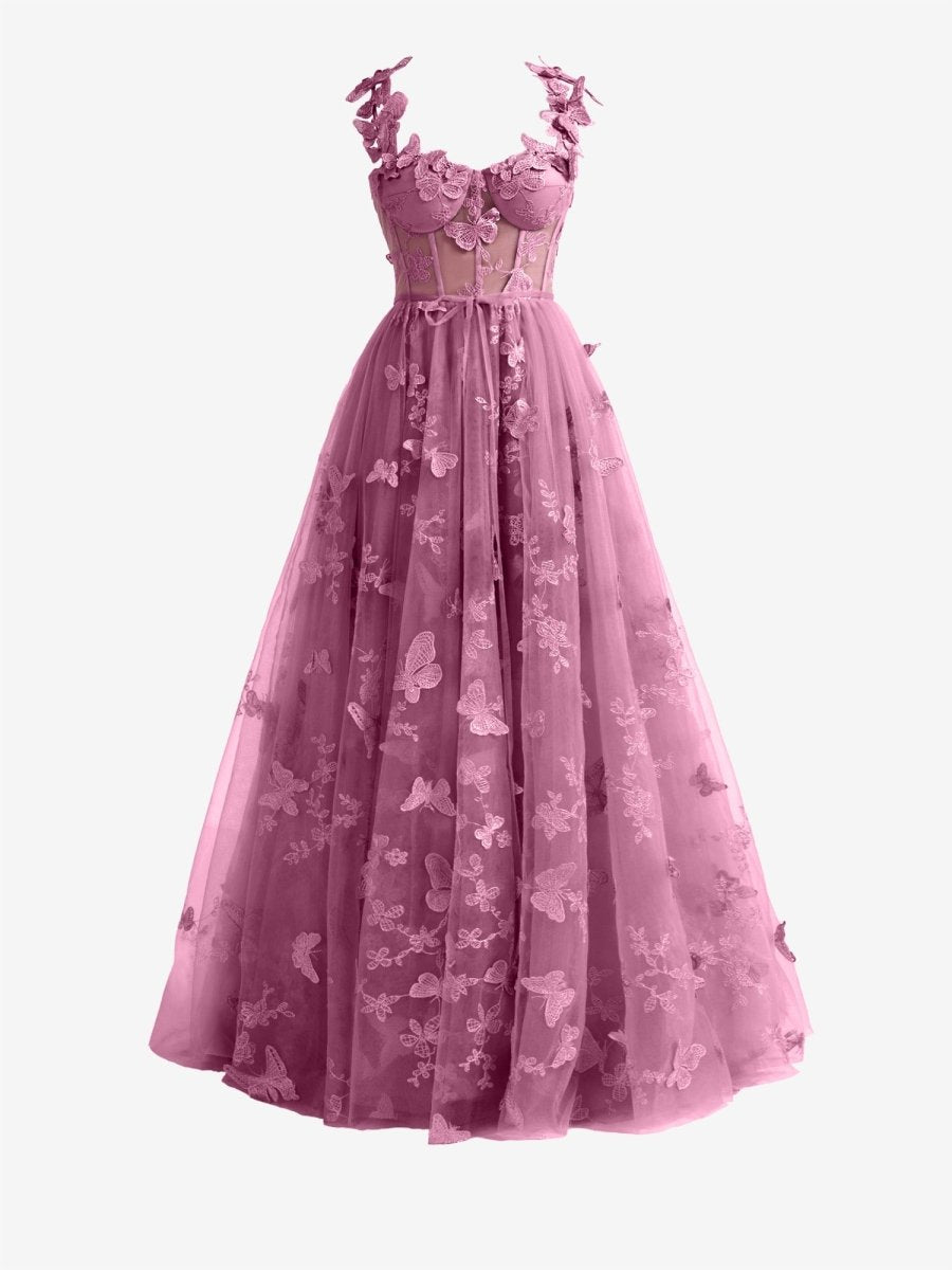 Lydia | Candy Pink A-line Butterfly Lace Lilac Corset Prom Dress with Slit