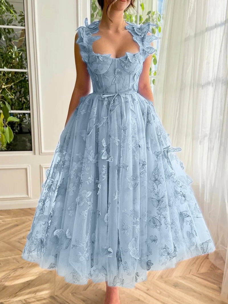 Lydia | Sky Blue A-line Butterfly Lace Lilac Corset Prom Dress with Slit