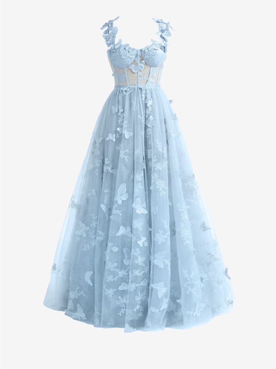 Lydia | Sky Blue A-line Butterfly Lace Lilac Corset Prom Dress with Slit