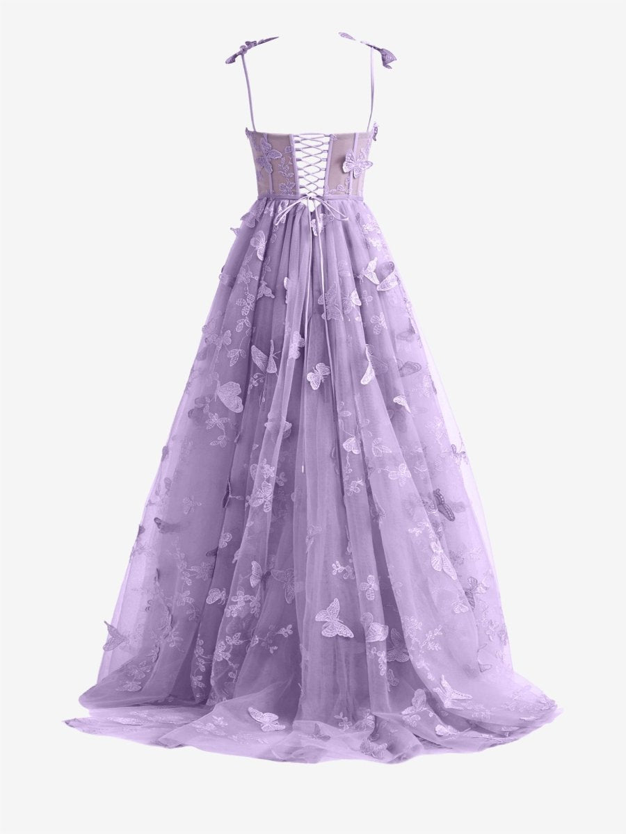 Lydia | Light Purple A-line Butterfly Lace Lilac Corset Prom Dress with Slit
