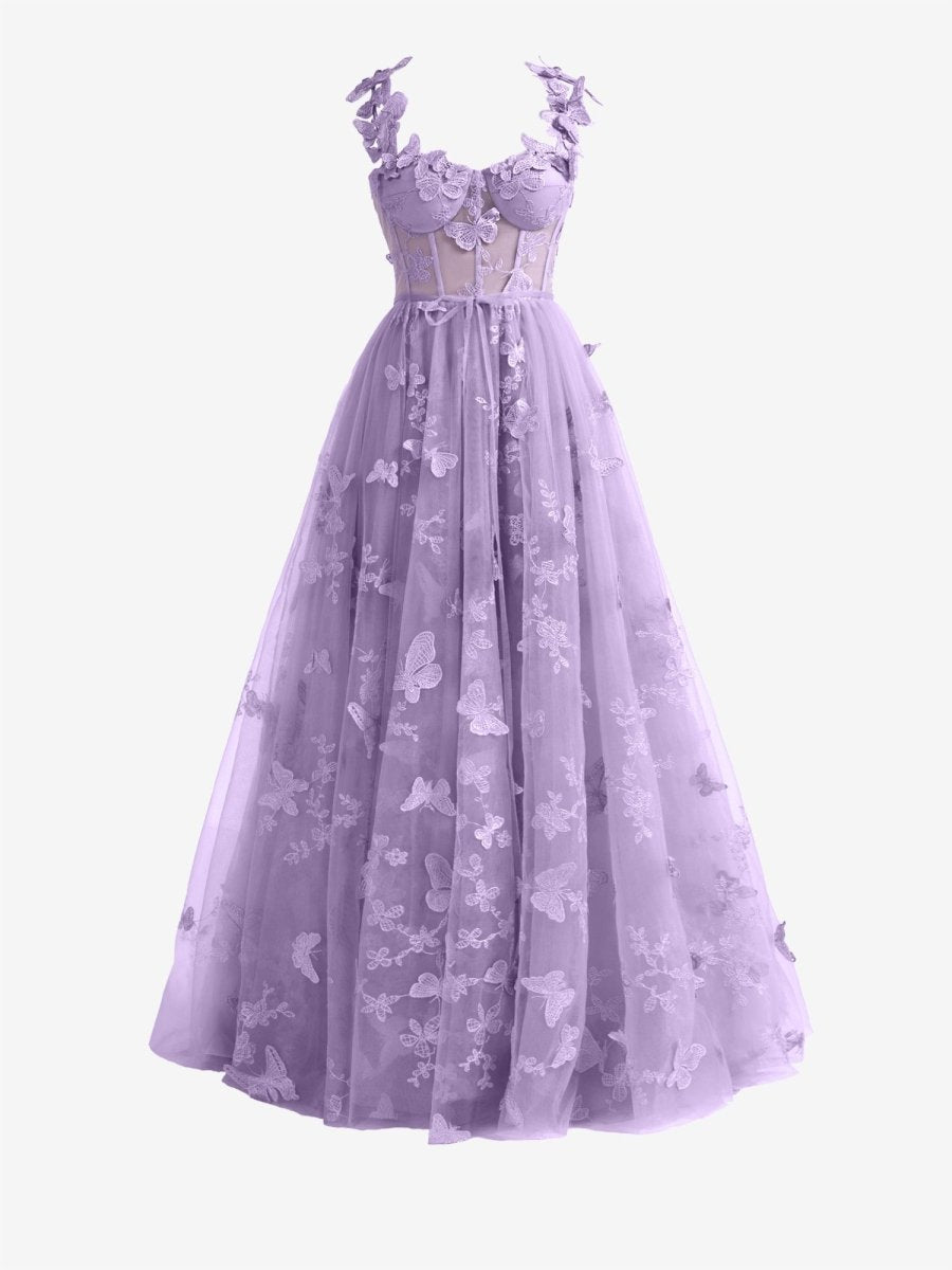 Lydia A Line Butterfly Lace Tulle Lilac Corset Prom Dress with Slit, Purple / 4 Lydia A Line Butterfly Lace Tulle Lilac Corset Prom Dress with Slit, Purple / 4