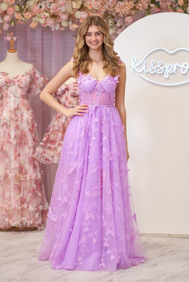 Lydia | Lilac A-line Butterfly Lace Lilac Corset Prom Dress with Slit