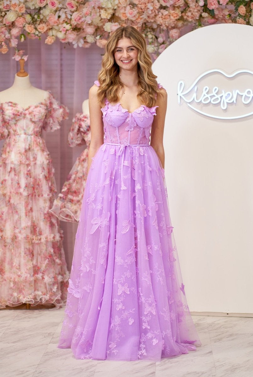 Lydia | Lilac A-line Butterfly Lace Lilac Corset Prom Dress with Slit