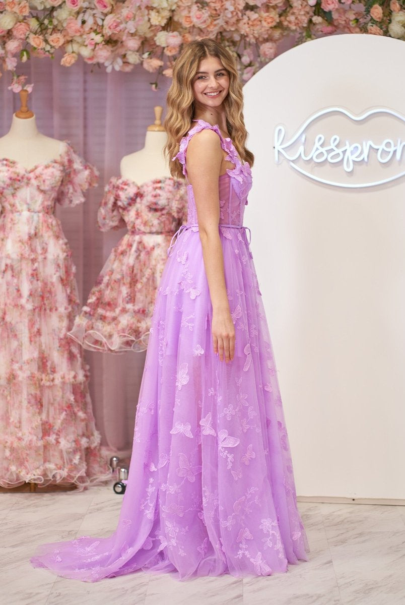Lydia | Lilac A-line Butterfly Lace Lilac Corset Prom Dress with Slit
