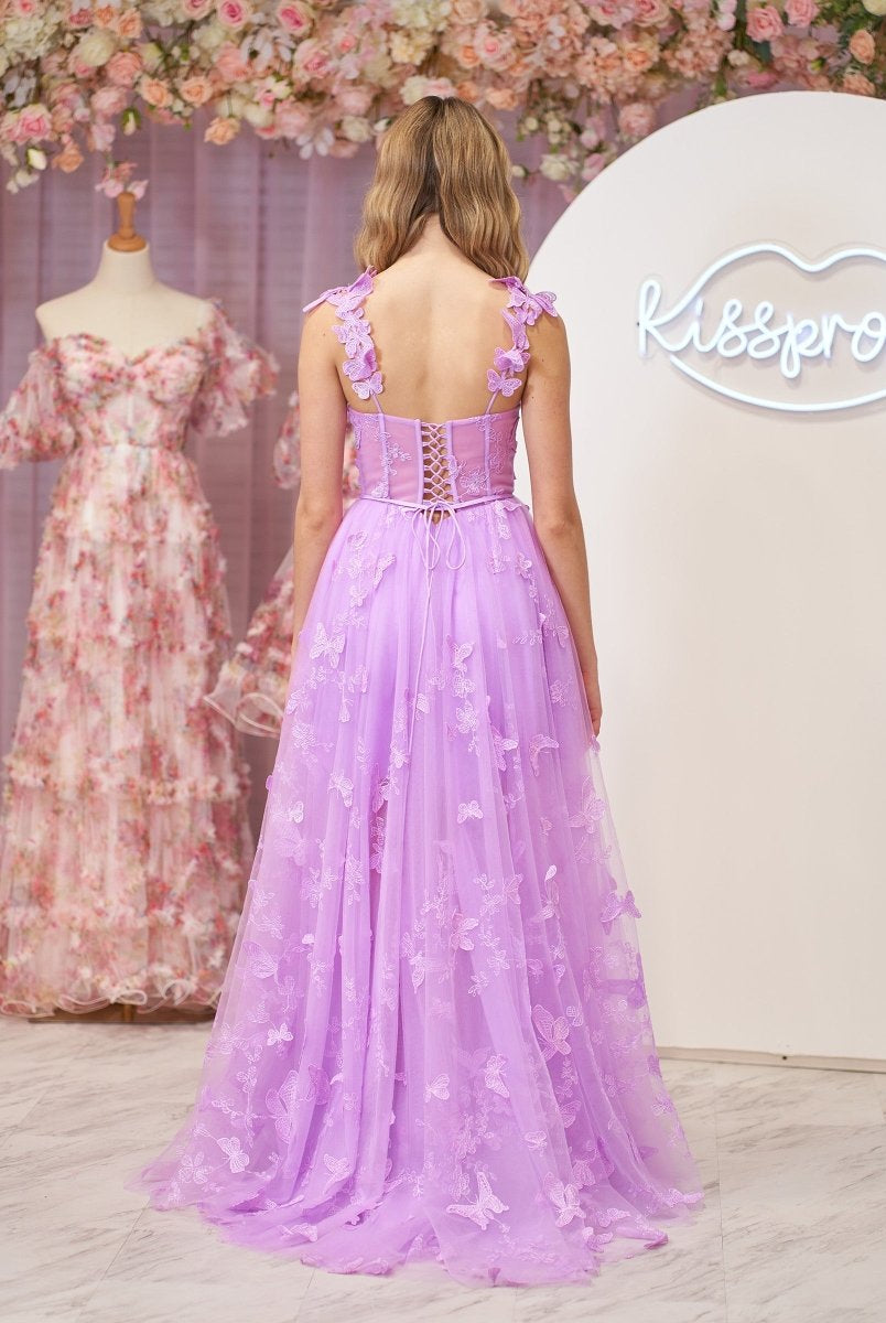 Lydia | Lilac A-line Butterfly Lace Lilac Corset Prom Dress with Slit