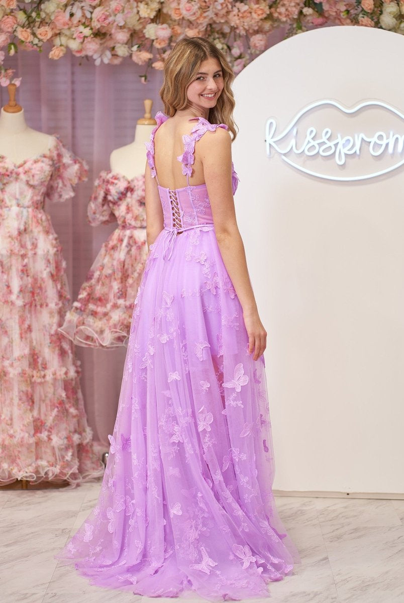 Lydia | Lilac A-line Butterfly Lace Lilac Corset Prom Dress with Slit