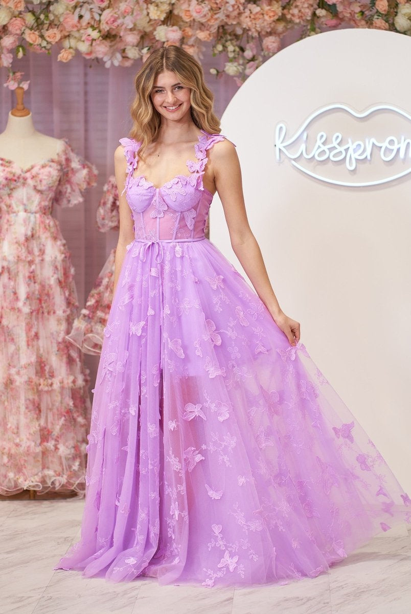 Lydia | Lilac A-line Butterfly Lace Lilac Corset Prom Dress with Slit