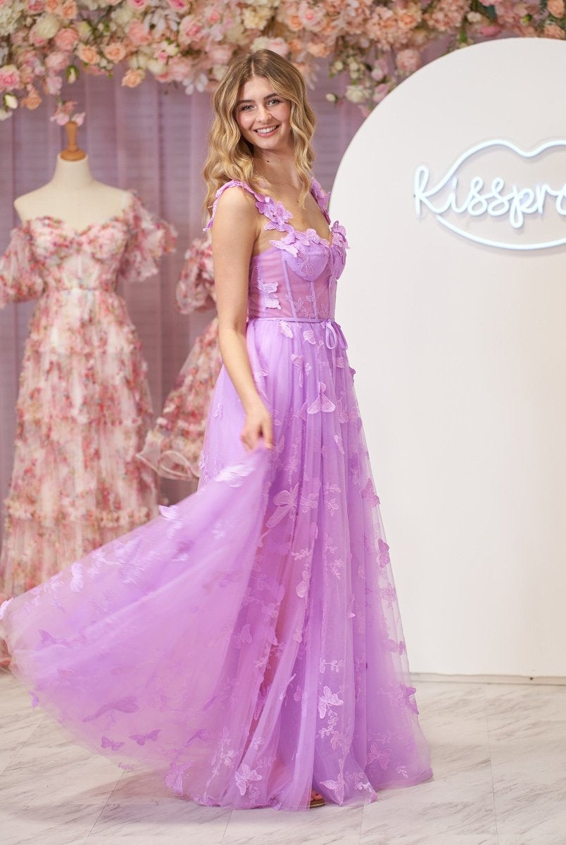 Lydia | Lilac A-line Butterfly Lace Lilac Corset Prom Dress with Slit
