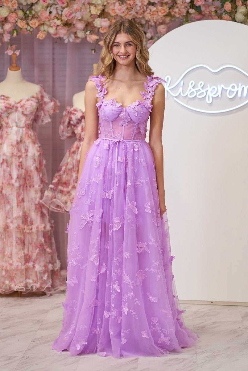 Lydia | Lilac A-line Butterfly Lace Lilac Corset Prom Dress with Slit
