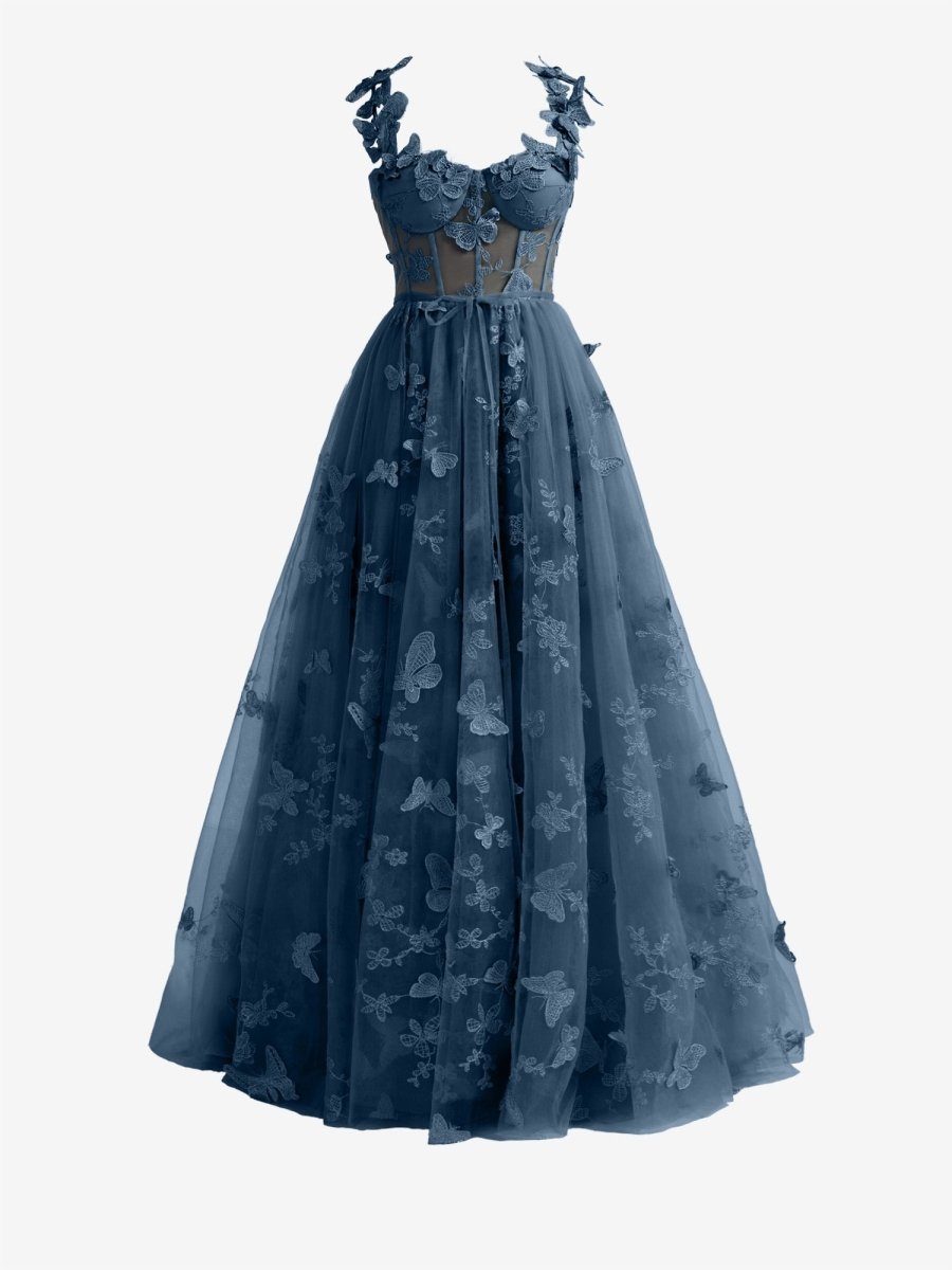 Lydia | Navy Blue A-line Butterfly Lace Lilac Corset Prom Dress with Slit