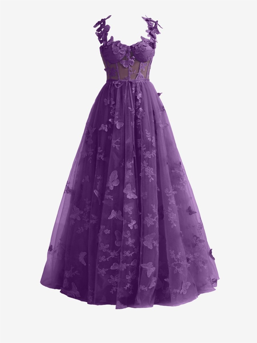 Lydia | Purple A-line Butterfly Lace Lilac Corset Prom Dress with Slit