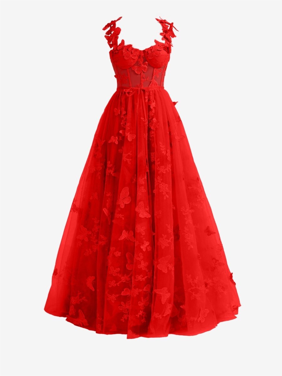 Lydia | Red A-line Butterfly Lace Lilac Corset Prom Dress with Slit