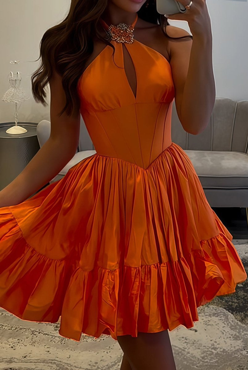 Lys | Orange - Halter A Line Ruffled Short Homecoming Dress With Beading