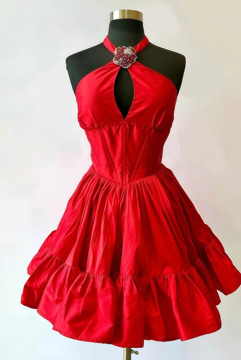 Lys | Red - Halter A Line Ruffled Short Homecoming Dress With Beading