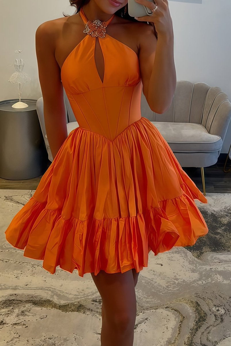 Lys | Orange - Halter A Line Ruffled Short Homecoming Dress With Beading