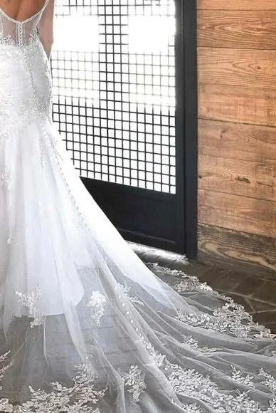 Laurel | White Mermaid Long Bridal Dress with Appliques - KissProm