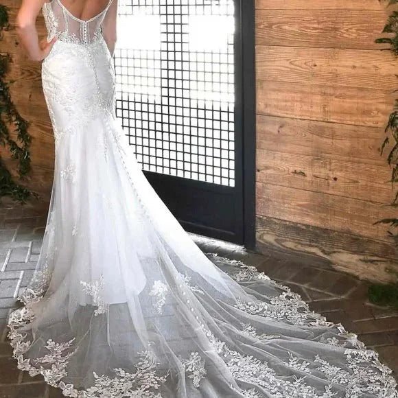 Laurel | White Mermaid Long Bridal Dress with Appliques - KissProm