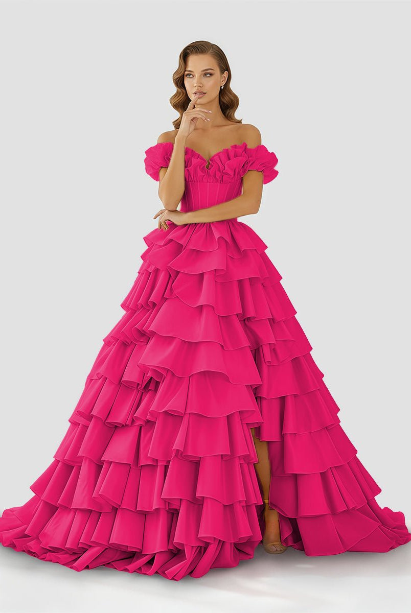 Madelynn | Off - Shoulder Ruched A - Line Layered Satin Prom Dress with Slit - KissProm