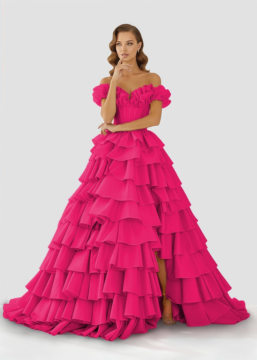 Madelynn | Off - Shoulder Ruched A - Line Layered Satin Prom Dress with Slit - KissProm