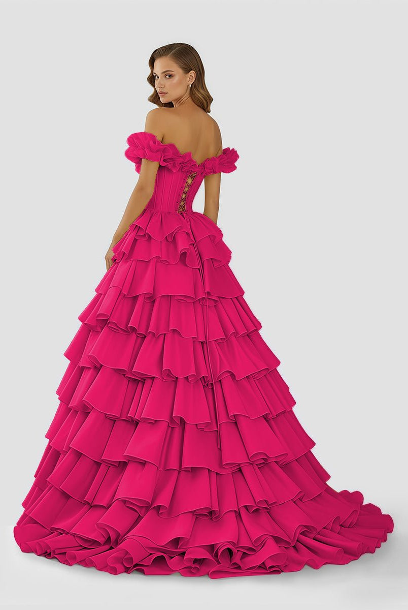 Madelynn | Off - Shoulder Ruched A - Line Layered Satin Prom Dress with Slit - KissProm