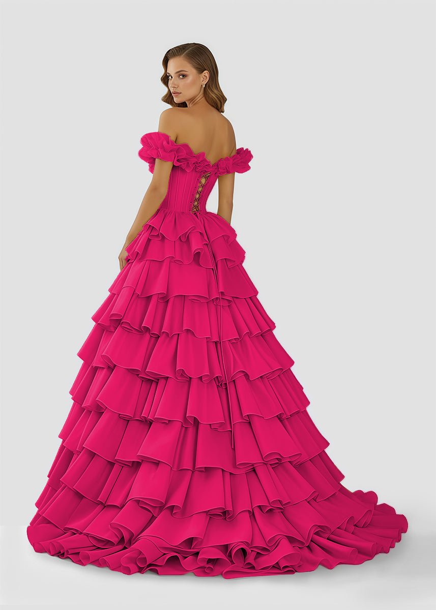 Madelynn | Off - Shoulder Ruched A - Line Layered Satin Prom Dress with Slit - KissProm