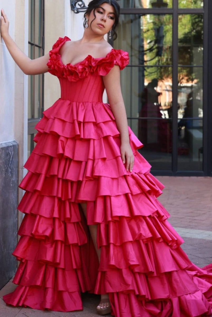 KissProm-Madelynn Fuchsia Off-Shoulder Ruched A-Line Layered Satin Prom Dress with Slit