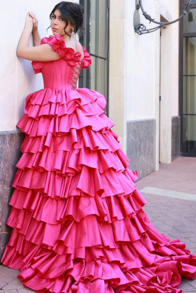 KissProm-Madelynn Fuchsia Off-Shoulder Ruched A-Line Layered Satin Prom Dress with Slit
