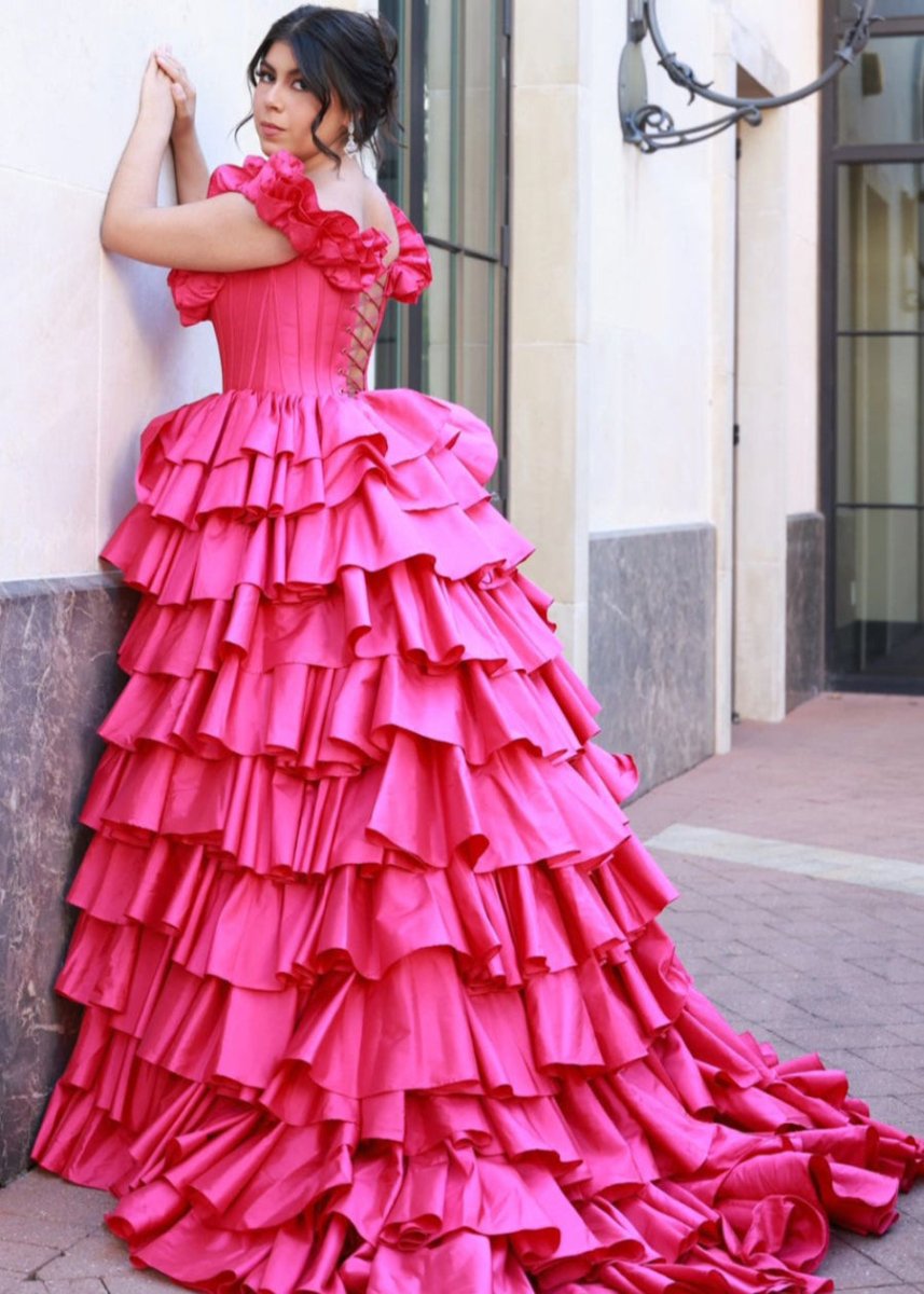 KissProm-Madelynn Fuchsia Off-Shoulder Ruched A-Line Layered Satin Prom Dress with Slit