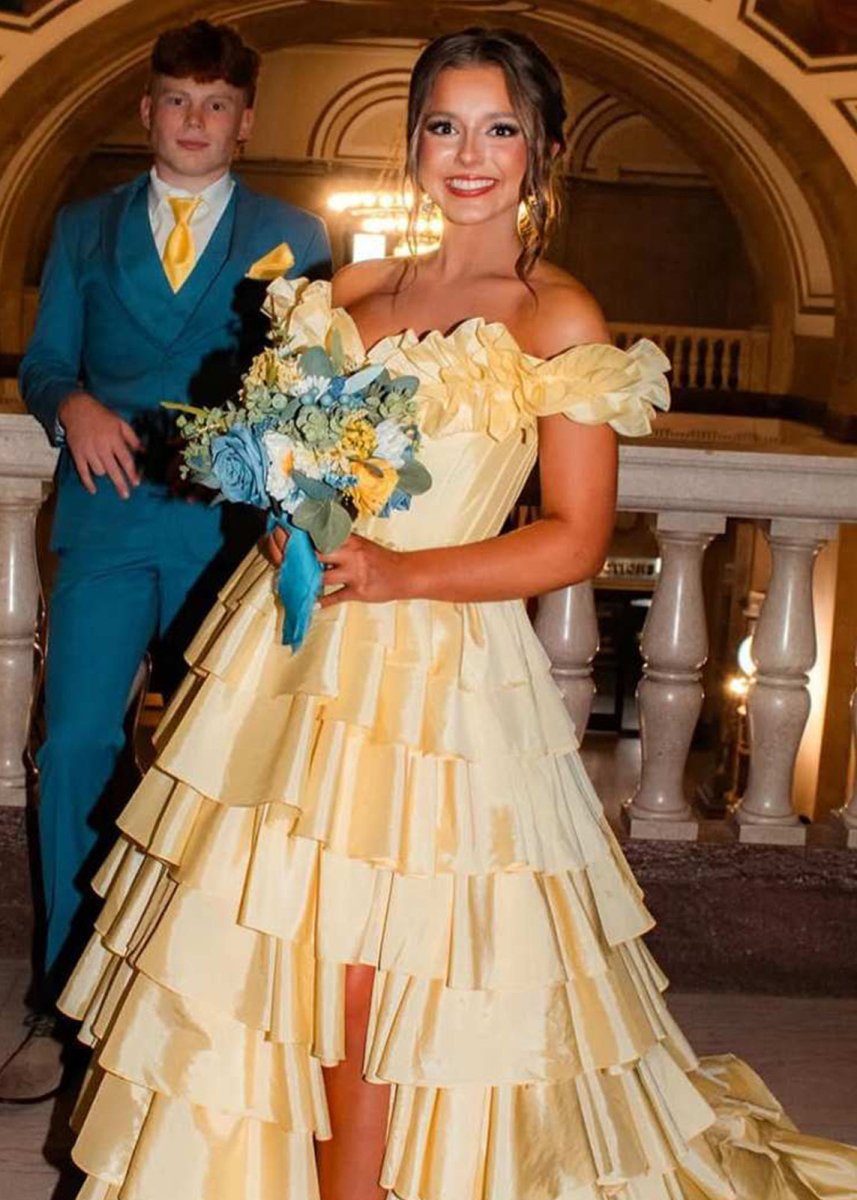KissProm-Madelynn Yellow Off-Shoulder Ruched A-Line Layered Satin Prom Dress with Slit