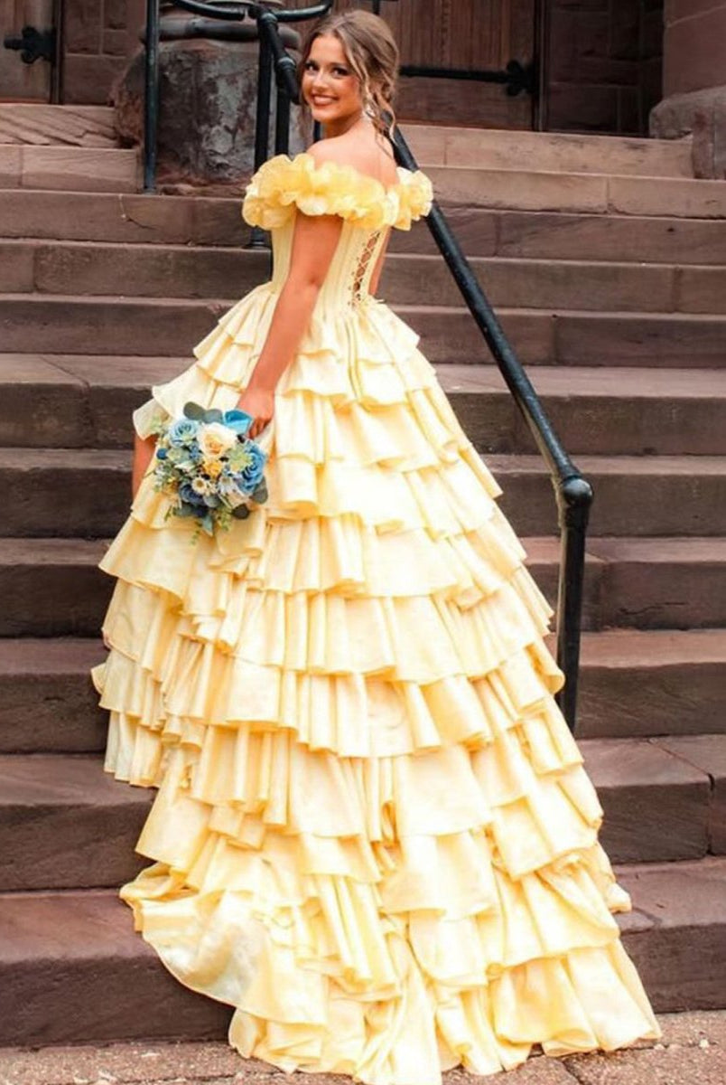 KissProm-Madelynn Yellow Off-Shoulder Ruched A-Line Layered Satin Prom Dress with Slit