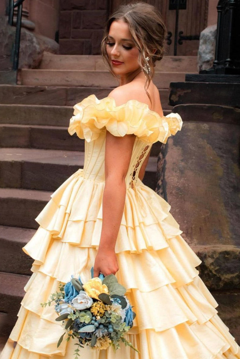 KissProm-Madelynn Yellow Off-Shoulder Ruched A-Line Layered Satin Prom Dress with Slit