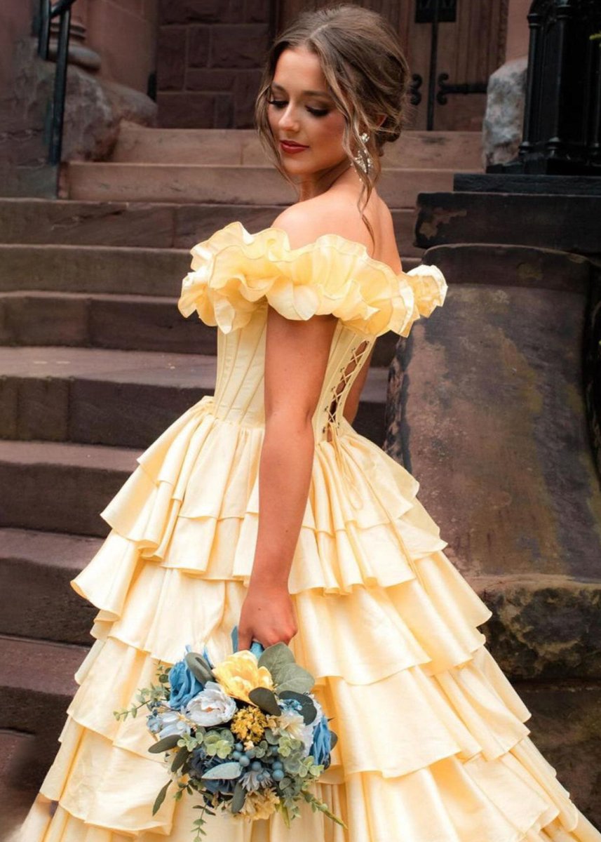 KissProm-Madelynn Yellow Off-Shoulder Ruched A-Line Layered Satin Prom Dress with Slit