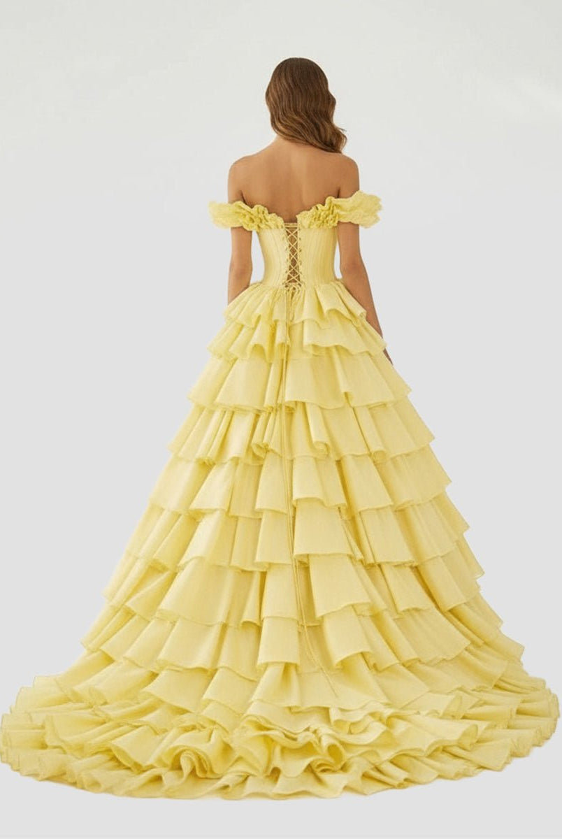 KissProm-Madelynn Yellow Off-Shoulder Ruched A-Line Layered Satin Prom Dress with Slit