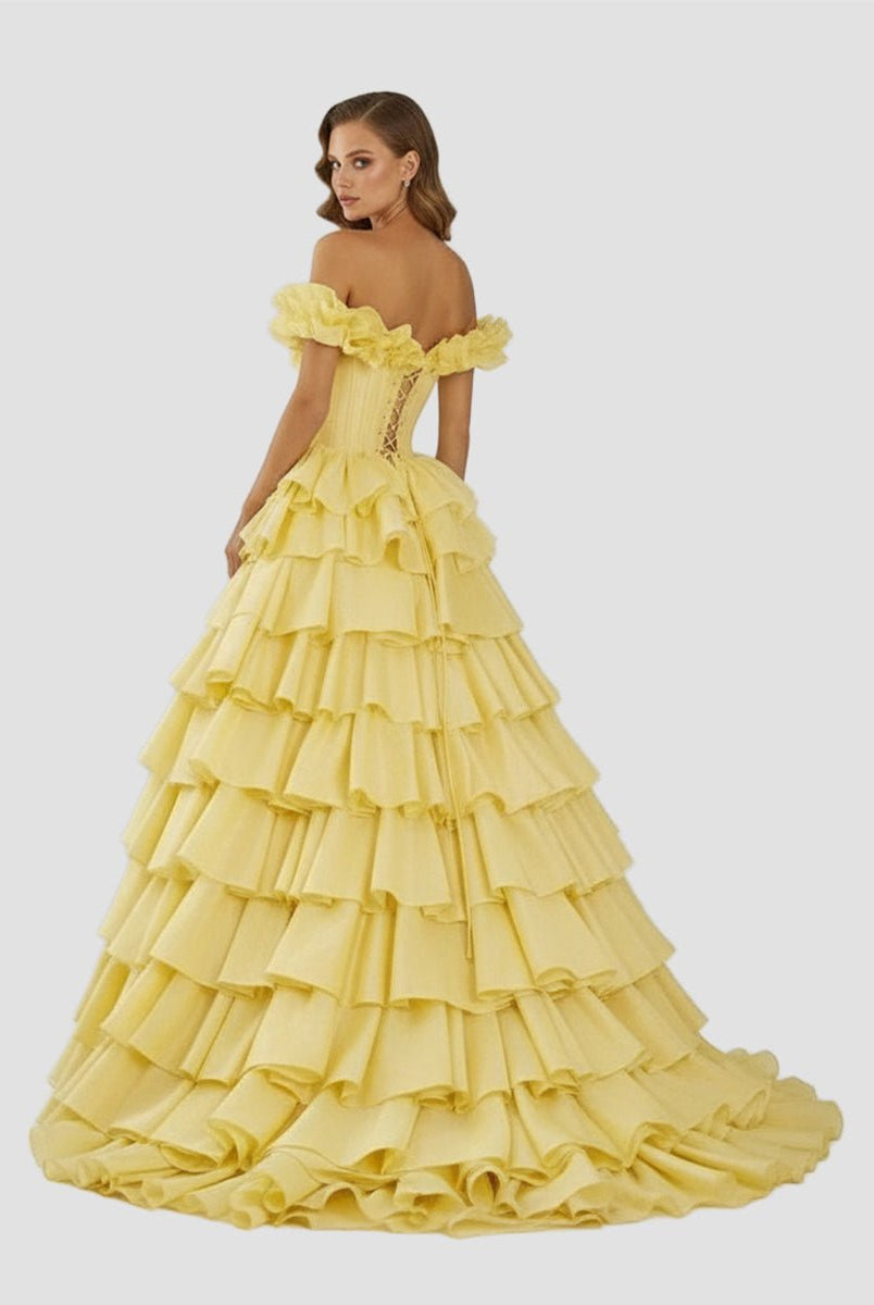 KissProm-Madelynn Yellow Off-Shoulder Ruched A-Line Layered Satin Prom Dress with Slit