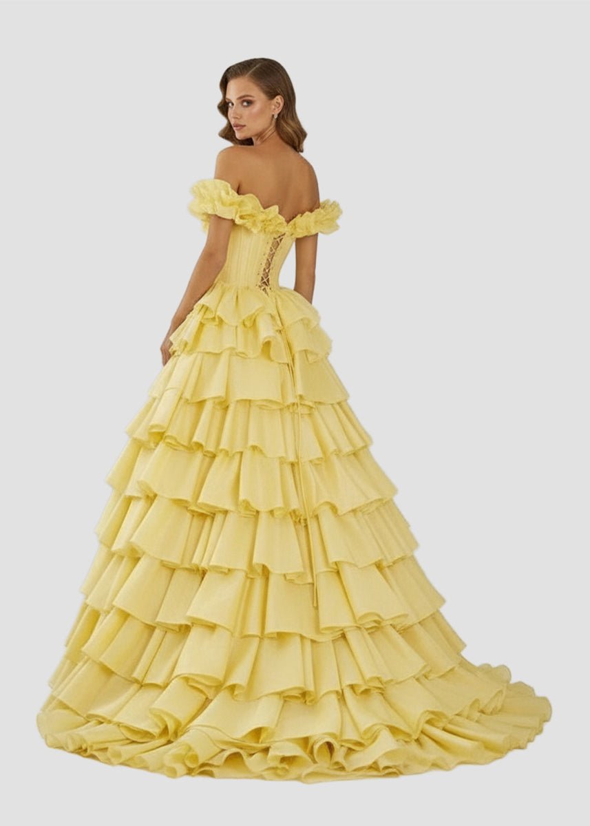 KissProm-Madelynn Yellow Off-Shoulder Ruched A-Line Layered Satin Prom Dress with Slit