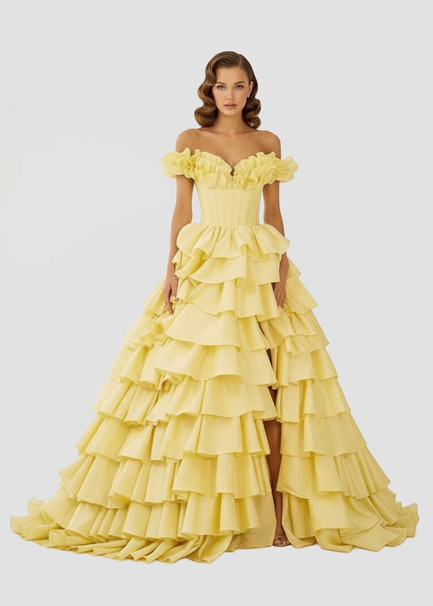 KissProm-Madelynn Yellow Off-Shoulder Ruched A-Line Layered Satin Prom Dress with Slit