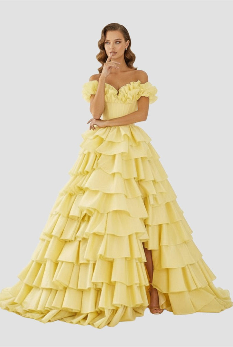 KissProm-Madelynn Yellow Off-Shoulder Ruched A-Line Layered Satin Prom Dress with Slit