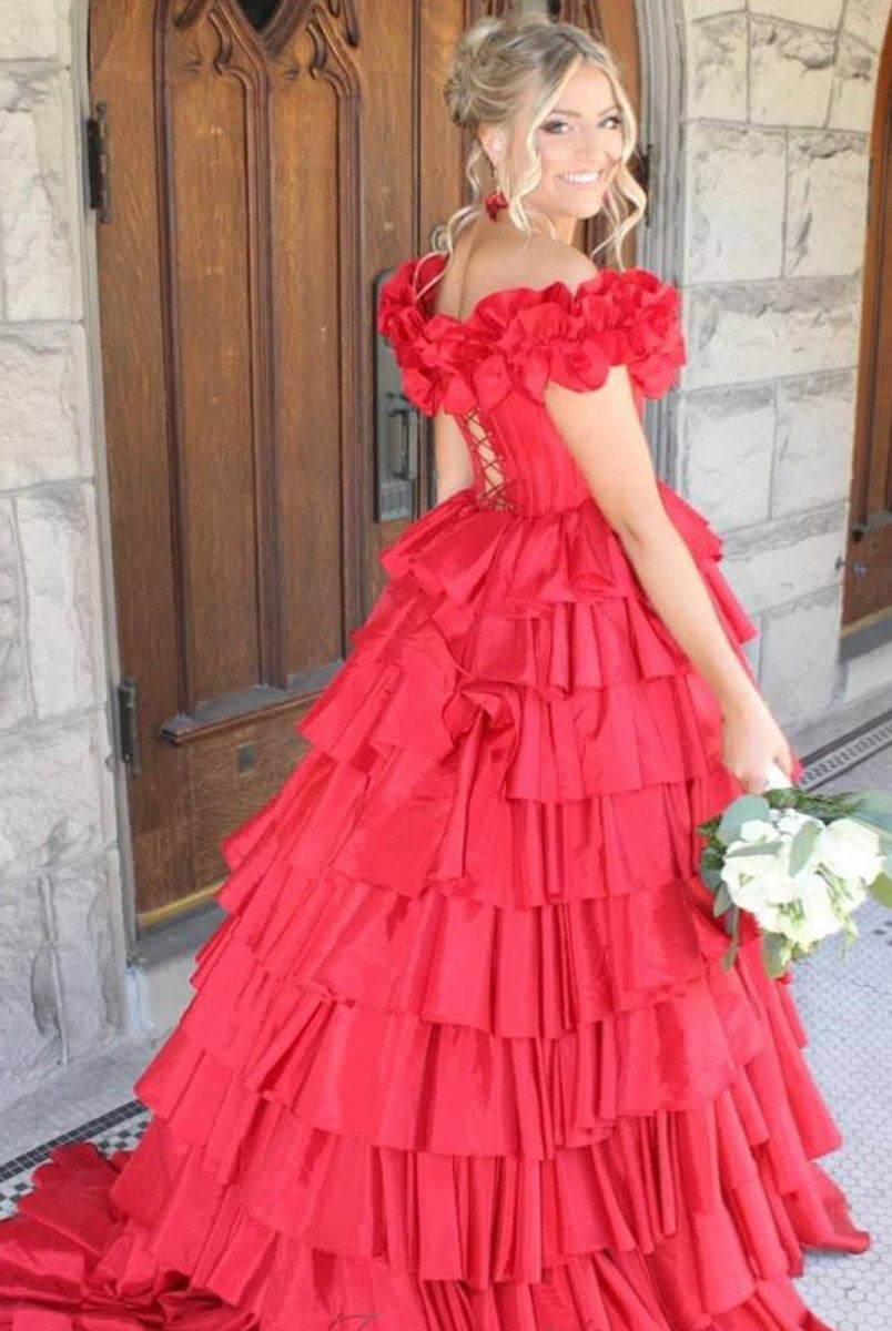 Madelynn | Off - Shoulder Ruched A - Line Layered Satin Prom Dress with Slit - KissProm