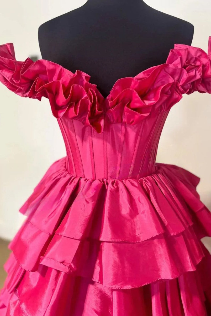 KissProm-Madelynn Fuchsia Off-Shoulder Ruched A-Line Layered Satin Prom Dress with Slit