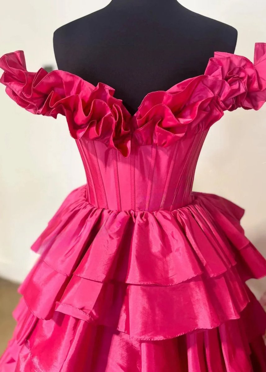 KissProm-Madelynn Fuchsia Off-Shoulder Ruched A-Line Layered Satin Prom Dress with Slit