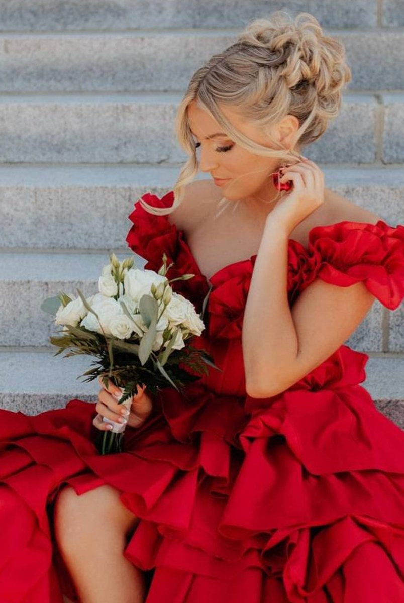 Madelynn | Off - Shoulder Ruched A - Line Layered Satin Prom Dress with Slit - KissProm