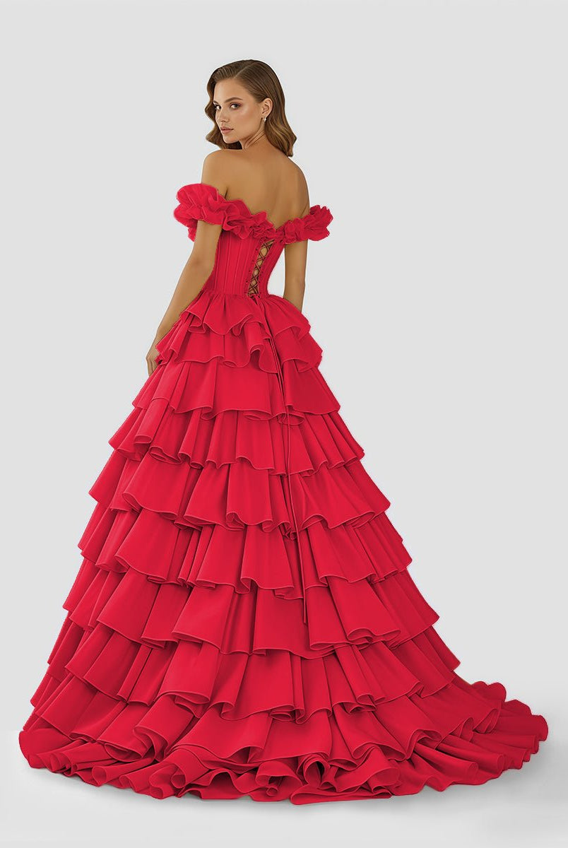 Madelynn | Off - Shoulder Ruched A - Line Layered Satin Prom Dress with Slit - KissProm