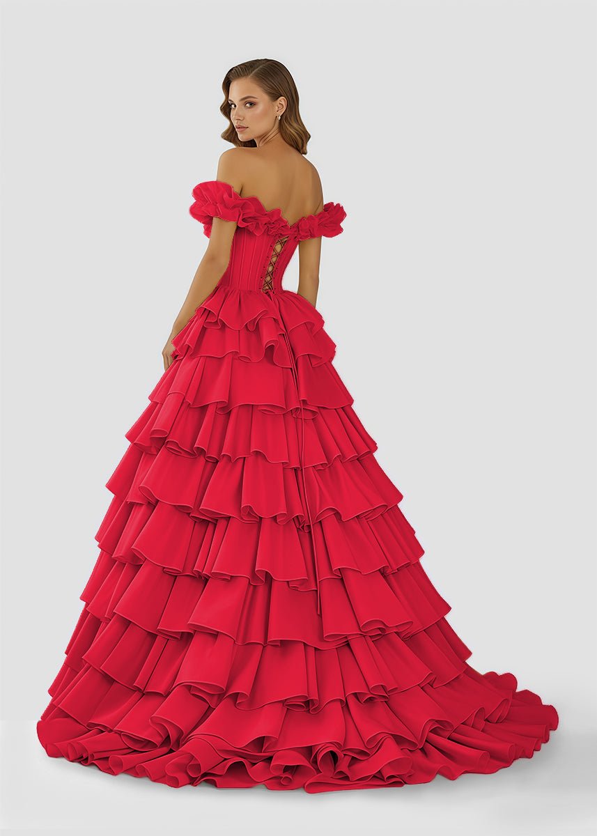 Madelynn | Off - Shoulder Ruched A - Line Layered Satin Prom Dress with Slit - KissProm