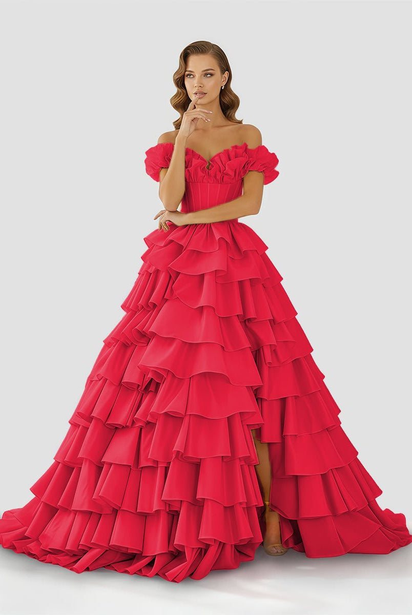 Madelynn | Off - Shoulder Ruched A - Line Layered Satin Prom Dress with Slit - KissProm